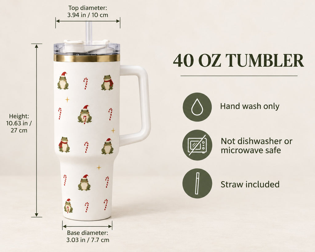 40 oz tumbler size: 10.63 in tall, 3.94 in across the top, 3.03 in base; hand wash only, straw included