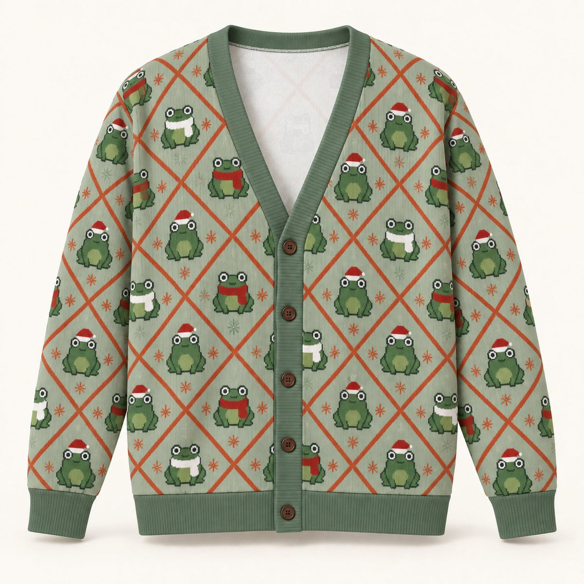 Christmas Frog Argyle Cardigan — Frogs in Santa Hats & Scarves, Sage Green Knit Button Cardigan, Unisex S to 7XL