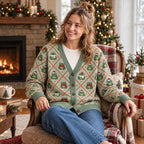 Christmas Frog Argyle Cardigan — Frogs in Santa Hats & Scarves, Sage Green Knit Button Cardigan, Unisex S to 7XL