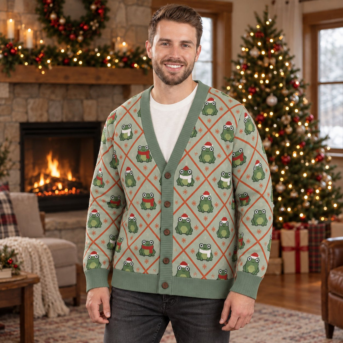 Christmas Frog Argyle Cardigan — Frogs in Santa Hats & Scarves, Sage Green Knit Button Cardigan, Unisex S to 7XL