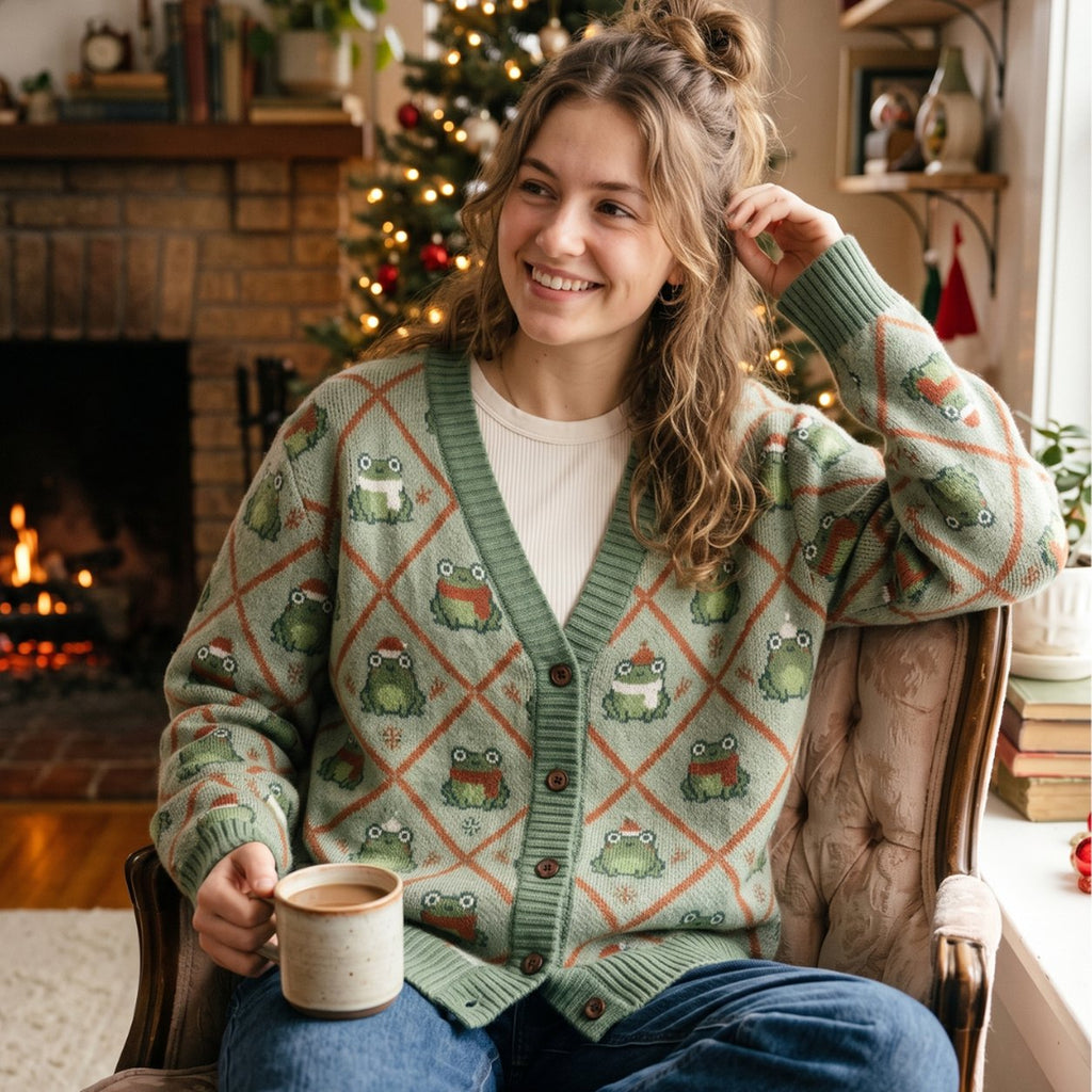 Christmas Frog Argyle Cardigan — Frogs in Santa Hats & Scarves, Sage Green Knit Button Cardigan, Unisex S to 7XL
