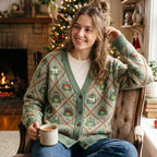 Christmas Frog Argyle Cardigan — Frogs in Santa Hats & Scarves, Sage Green Knit Button Cardigan, Unisex S to 7XL