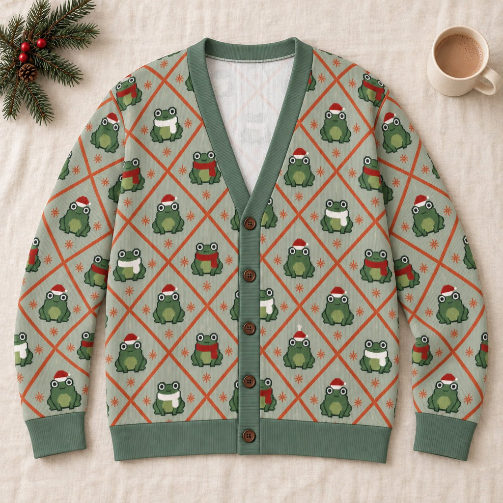 Christmas Frog Argyle Cardigan — Frogs in Santa Hats & Scarves, Sage Green Knit Button Cardigan, Unisex S to 7XL