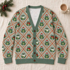 Christmas Frog Argyle Cardigan — Frogs in Santa Hats & Scarves, Sage Green Knit Button Cardigan, Unisex S to 7XL
