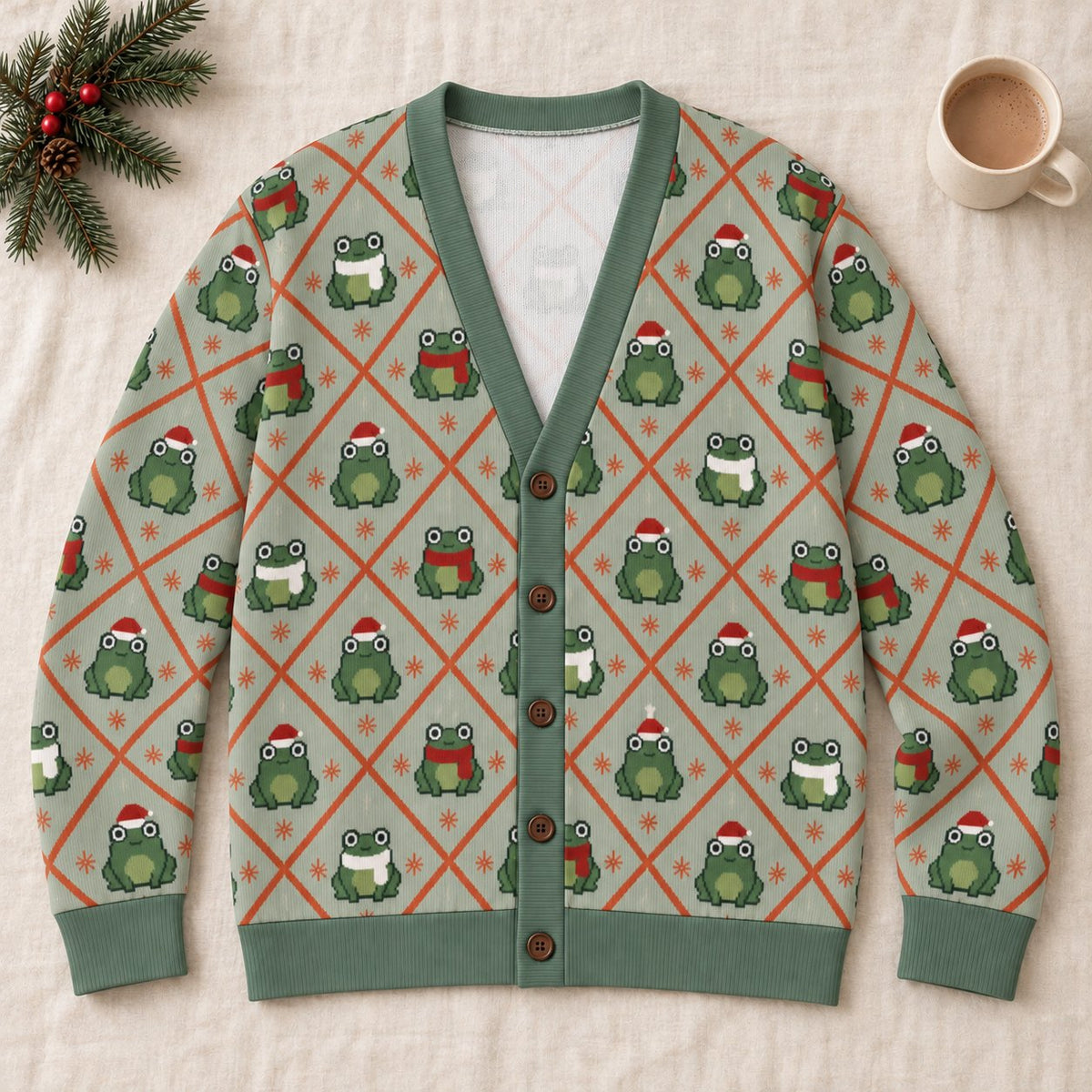 Christmas Frog Argyle Cardigan — Frogs in Santa Hats & Scarves, Sage Green Knit Button Cardigan, Unisex S to 7XL