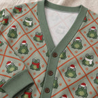 Christmas Frog Argyle Cardigan — Frogs in Santa Hats & Scarves, Sage Green Knit Button Cardigan, Unisex S to 7XL
