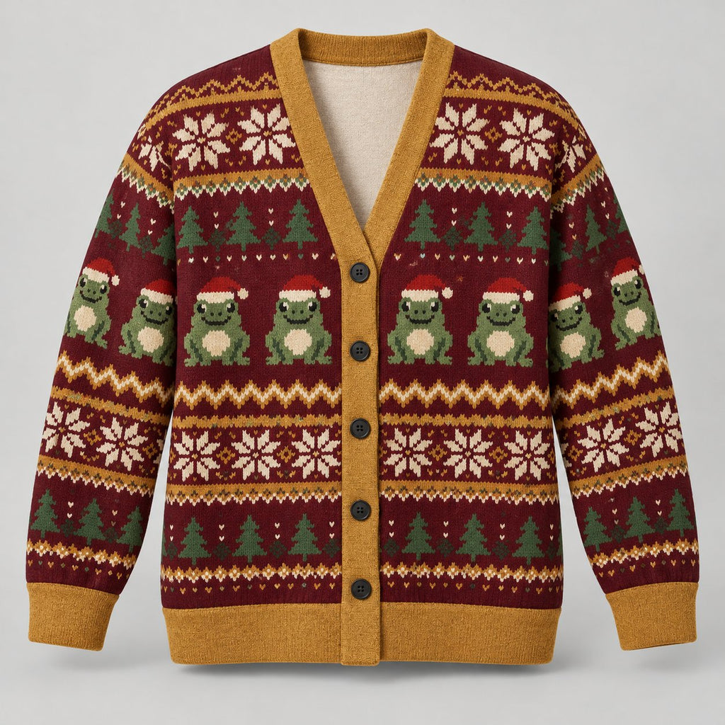 Christmas Frog Fair Isle Cardigan — Frogs in Santa Hats, Snowflakes & Pine Trees, Burgundy & Mustard Knit Button Cardigan, Unisex S to 7XL