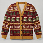 Christmas Frog Fair Isle Cardigan — Frogs in Santa Hats, Snowflakes & Pine Trees, Burgundy & Mustard Knit Button Cardigan, Unisex S to 7XL