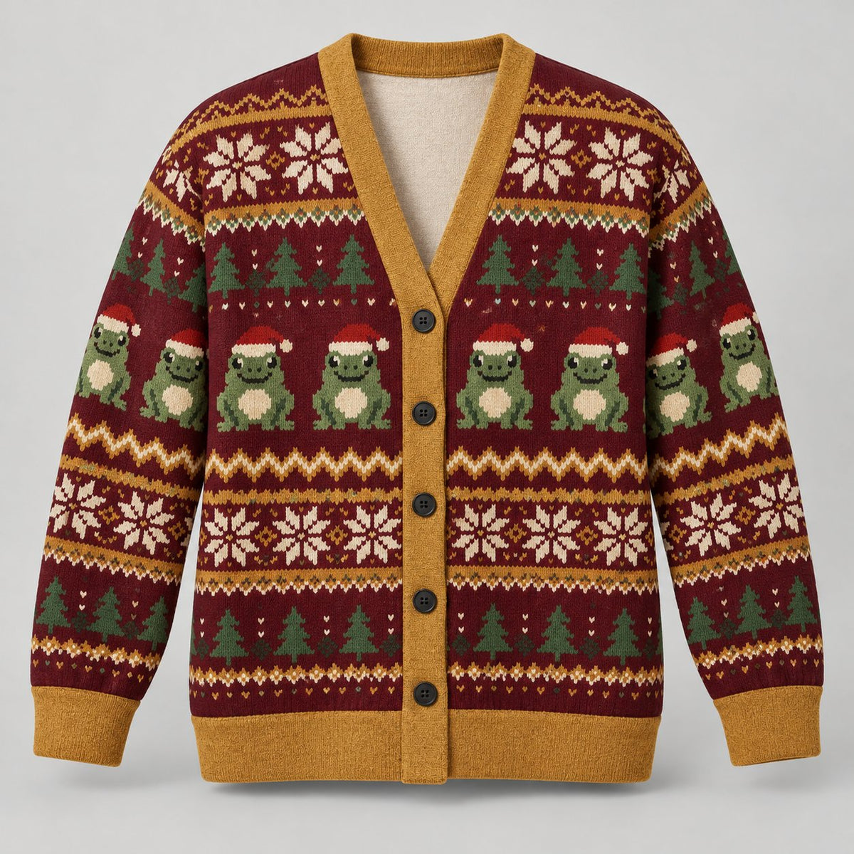 Christmas Frog Fair Isle Cardigan — Frogs in Santa Hats, Snowflakes & Pine Trees, Burgundy & Mustard Knit Button Cardigan, Unisex S to 7XL