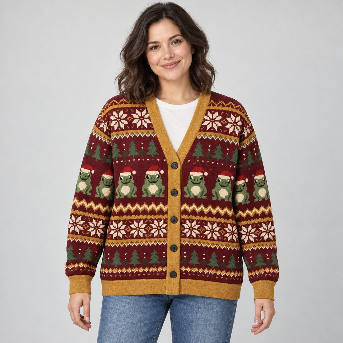 Christmas Frog Fair Isle Cardigan — Frogs in Santa Hats, Snowflakes & Pine Trees, Burgundy & Mustard Knit Button Cardigan, Unisex S to 7XL