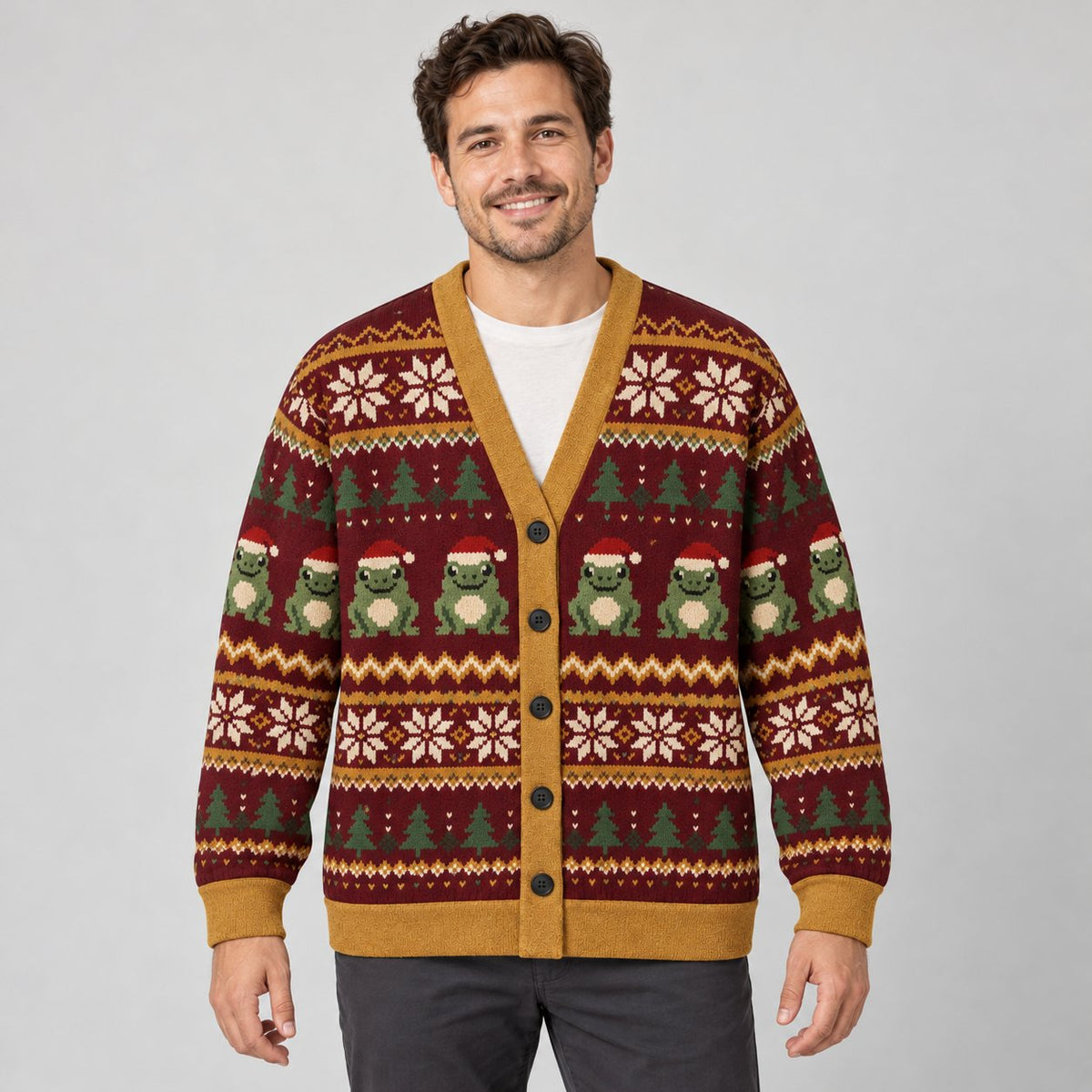 Christmas Frog Fair Isle Cardigan — Frogs in Santa Hats, Snowflakes & Pine Trees, Burgundy & Mustard Knit Button Cardigan, Unisex S to 7XL
