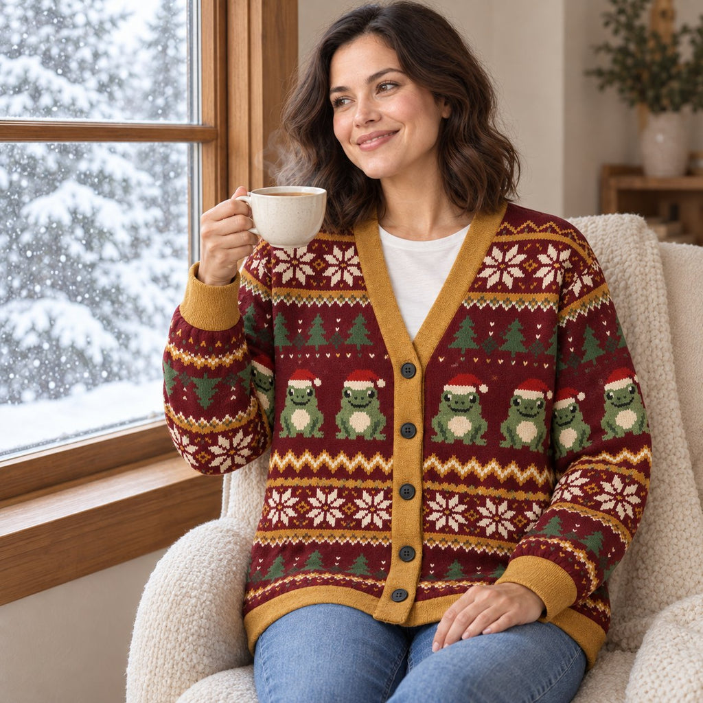 Christmas Frog Fair Isle Cardigan — Frogs in Santa Hats, Snowflakes & Pine Trees, Burgundy & Mustard Knit Button Cardigan, Unisex S to 7XL