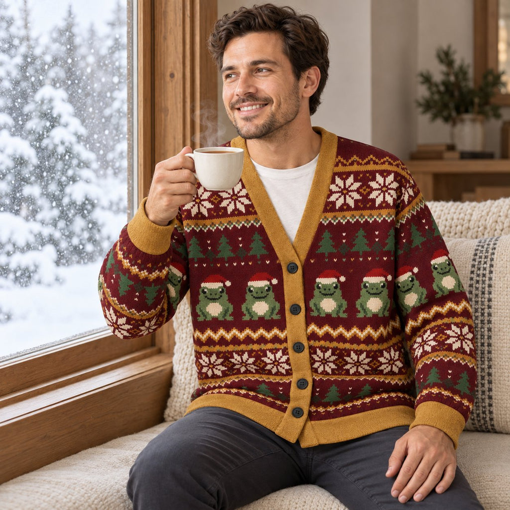 Christmas Frog Fair Isle Cardigan — Frogs in Santa Hats, Snowflakes & Pine Trees, Burgundy & Mustard Knit Button Cardigan, Unisex S to 7XL
