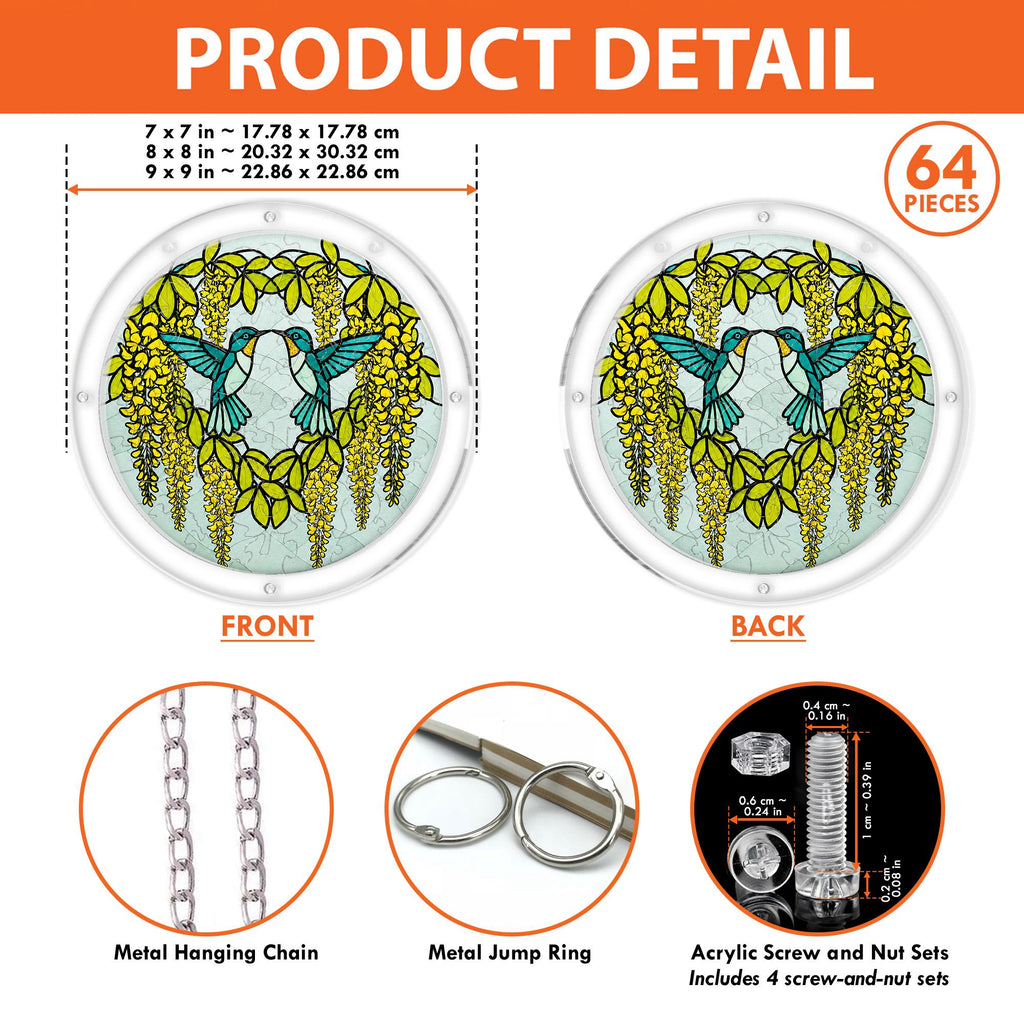 Product detail graphic showing front and back views, 64 pieces, size options, chain, jump rings, and screw hardware.