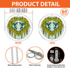 Product detail graphic showing front and back views, 64 pieces, size options, chain, jump rings, and screw hardware.