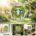 Hummingbird and yellow wisteria acrylic puzzle suncatcher displayed in multiple bright home window settings.