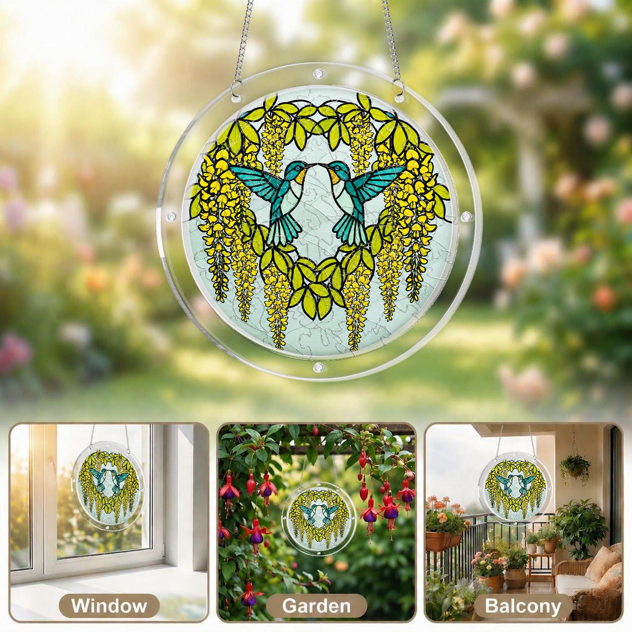 Hummingbird and yellow wisteria acrylic puzzle suncatcher displayed in multiple bright home window settings.