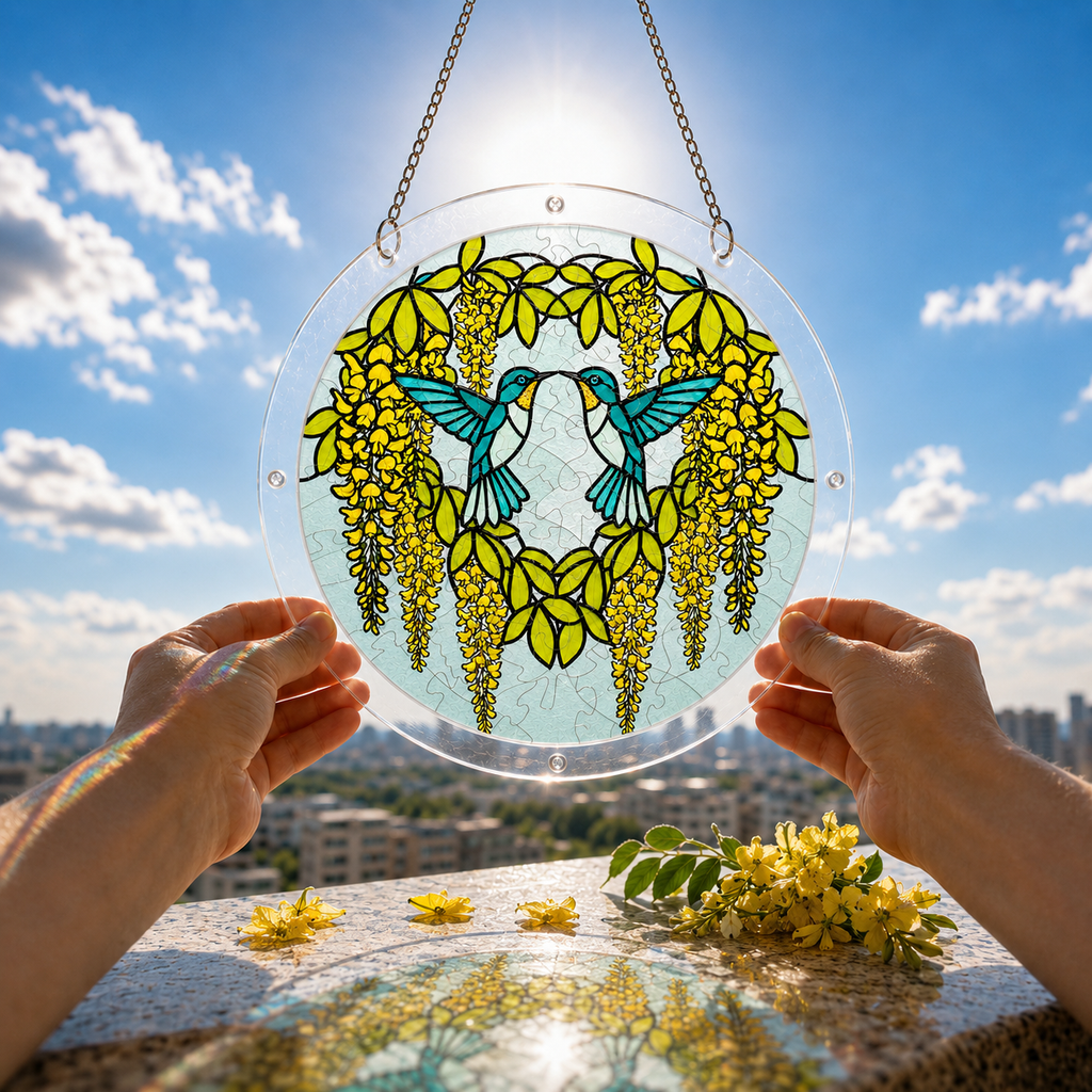 Yellow wisteria hummingbird acrylic puzzle suncatcher held against a blue sky and garden background.