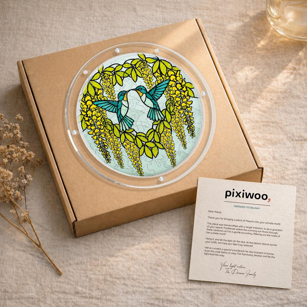 Gift-ready Citrine Wisteria Duet Hummingbird acrylic puzzle suncatcher on a kraft box with Pixiwoo card.