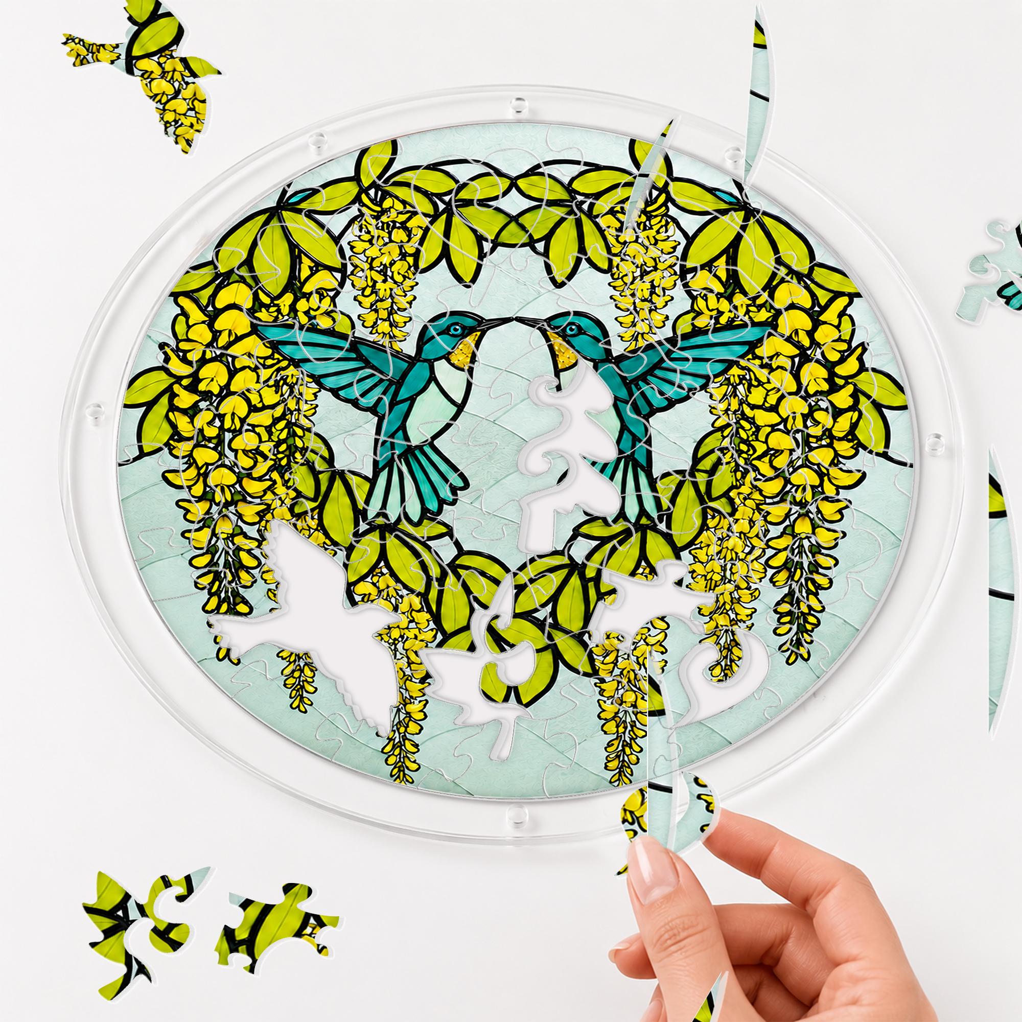 Hand placing a puzzle piece into the Citrine Wisteria Duet Hummingbird acrylic puzzle suncatcher.