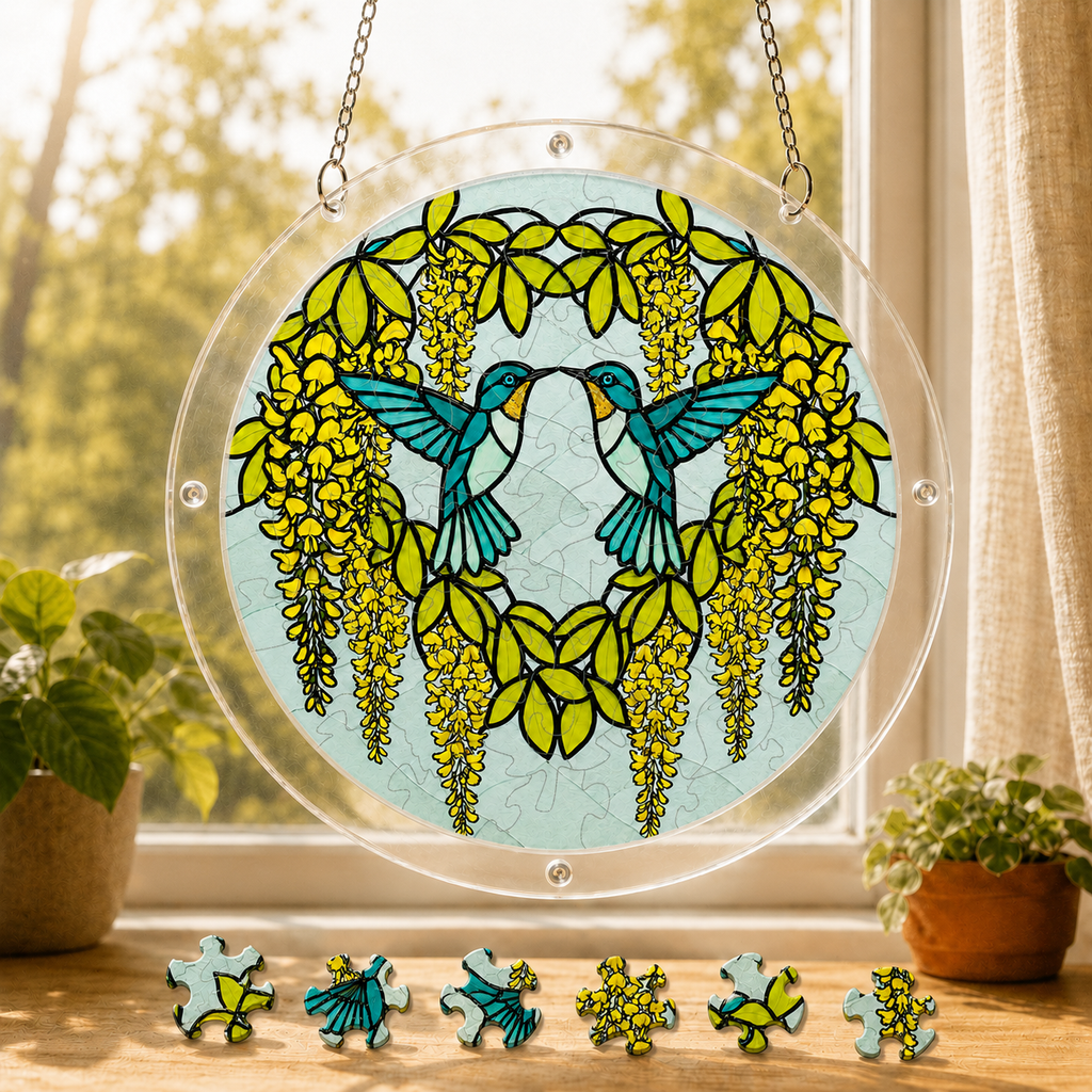 Round Citrine Wisteria Duet Hummingbird acrylic puzzle suncatcher hanging in a sunny window with colorful loose puzzle pieces below.