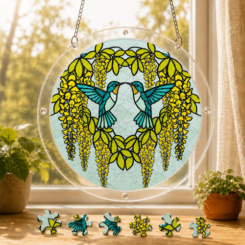 Round Citrine Wisteria Duet Hummingbird acrylic puzzle suncatcher hanging in a sunny window with colorful loose puzzle pieces below.