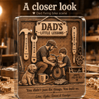 Close up detail of personalized handyman dad acrylic plaque with bike repair scene