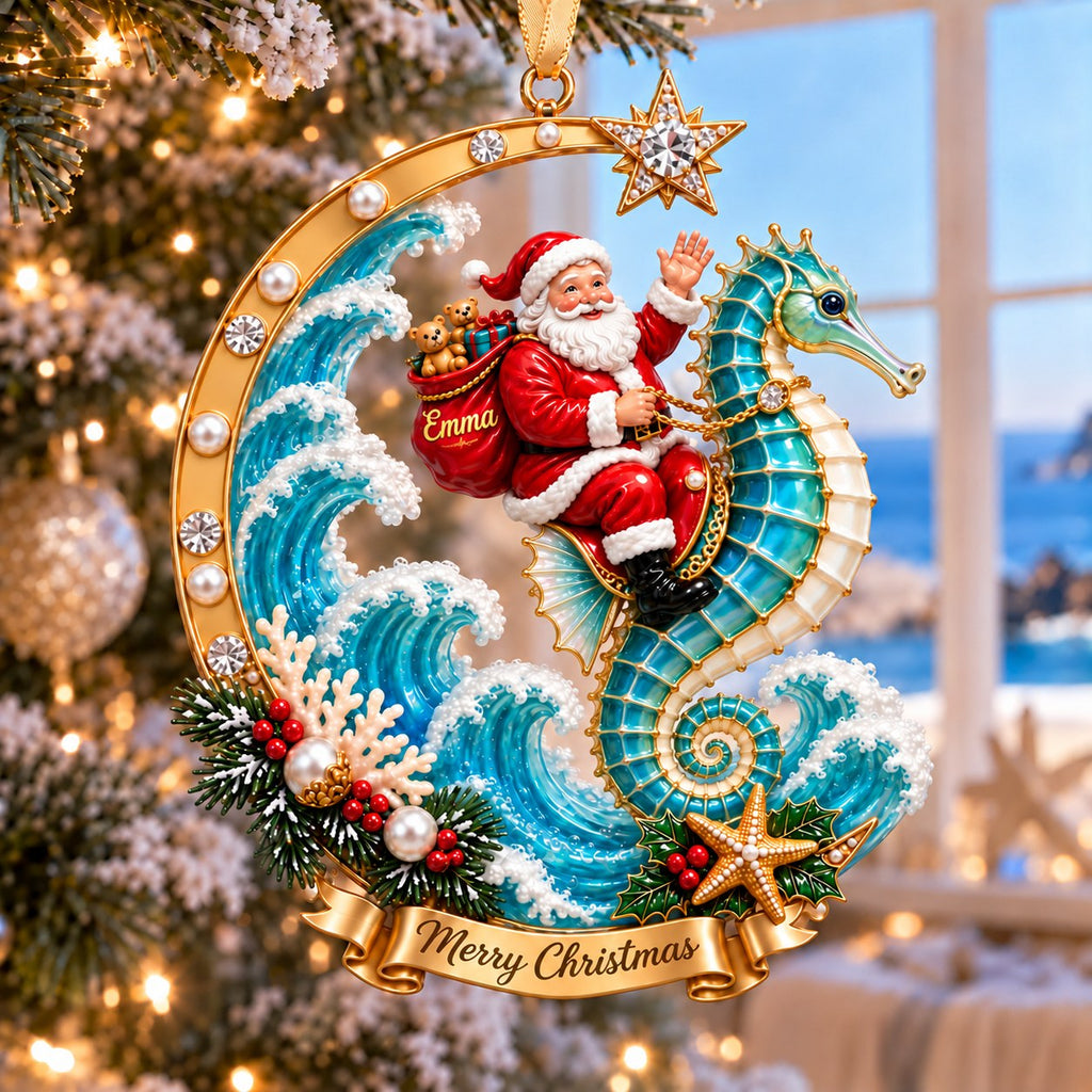 Personalized Coastal Santa Christmas Ornament — Santa on a Dolphin, Sea Turtle, Seahorse, Octopus, Jellyfish or Manta Ray, Custom Name