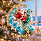 Personalized Coastal Santa Christmas Ornament — Santa on a Dolphin, Sea Turtle, Seahorse, Octopus, Jellyfish or Manta Ray, Custom Name