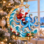 Personalized Coastal Santa Christmas Ornament — Santa on a Dolphin, Sea Turtle, Seahorse, Octopus, Jellyfish or Manta Ray, Custom Name