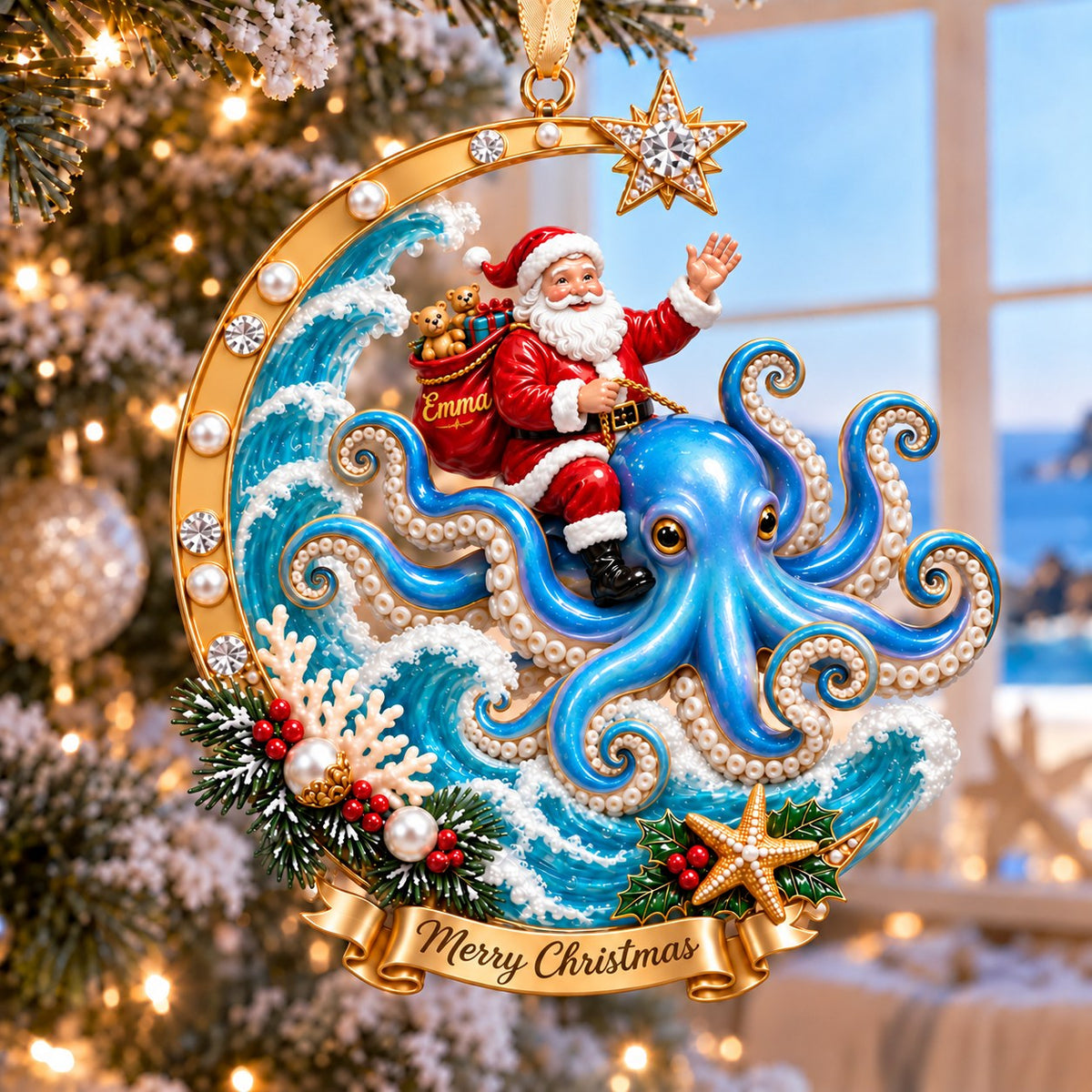 Personalized Coastal Santa Christmas Ornament — Santa on a Dolphin, Sea Turtle, Seahorse, Octopus, Jellyfish or Manta Ray, Custom Name