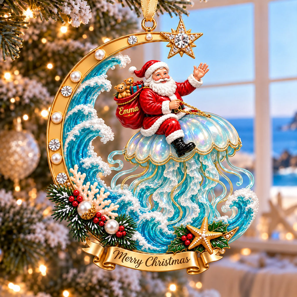 Personalized Coastal Santa Christmas Ornament — Santa on a Dolphin, Sea Turtle, Seahorse, Octopus, Jellyfish or Manta Ray, Custom Name