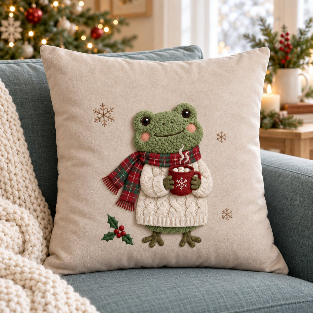 Cocoa Frog in a Plaid Scarf — Embroidered Christmas Pillow Cover, Optional Name, 14 to 20 in