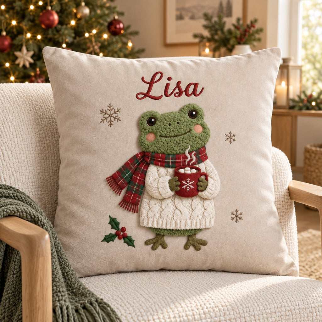 Cocoa Frog in a Plaid Scarf — Embroidered Christmas Pillow Cover, Optional Name, 14 to 20 in