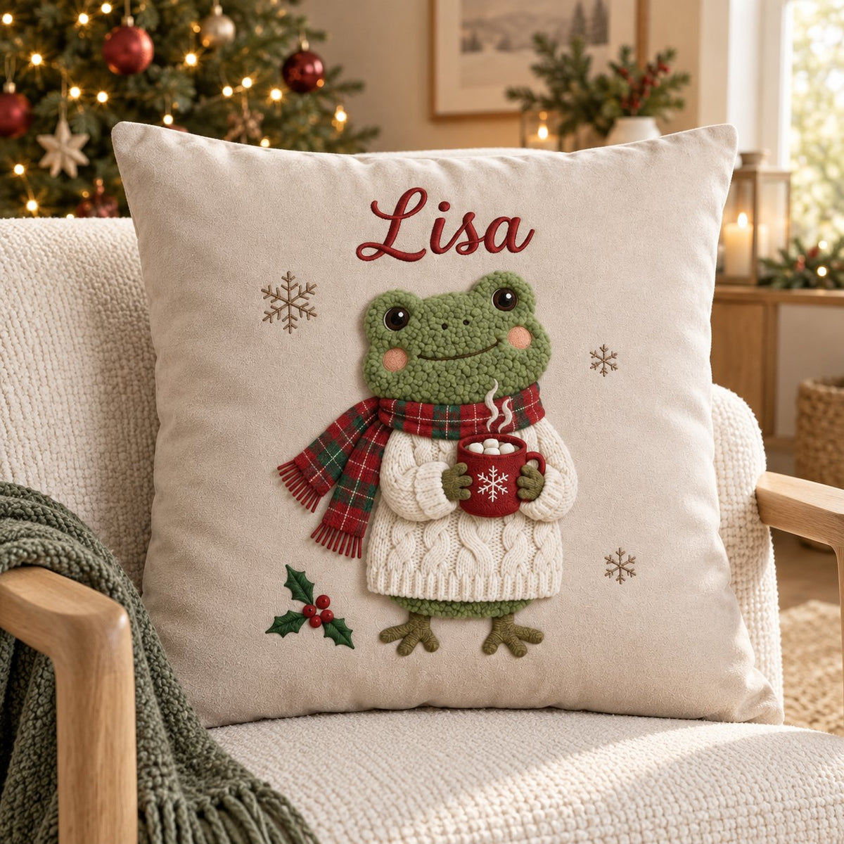 Cocoa Frog in a Plaid Scarf — Embroidered Christmas Pillow Cover, Optional Name, 14 to 20 in