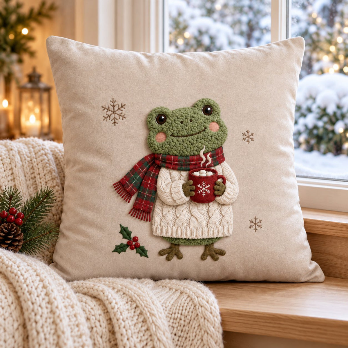 Cocoa Frog in a Plaid Scarf — Embroidered Christmas Pillow Cover, Optional Name, 14 to 20 in