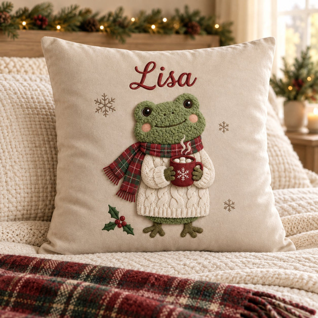 Cocoa Frog in a Plaid Scarf — Embroidered Christmas Pillow Cover, Optional Name, 14 to 20 in