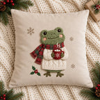 Cocoa Frog in a Plaid Scarf — Embroidered Christmas Pillow Cover, Optional Name, 14 to 20 in