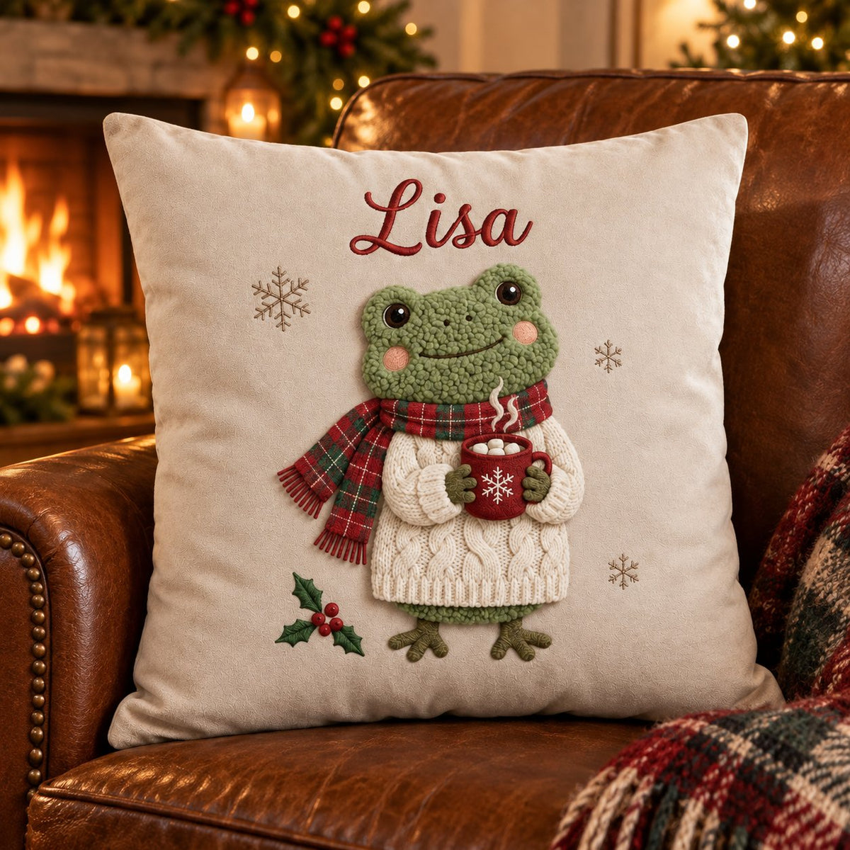 Cocoa Frog in a Plaid Scarf — Embroidered Christmas Pillow Cover, Optional Name, 14 to 20 in