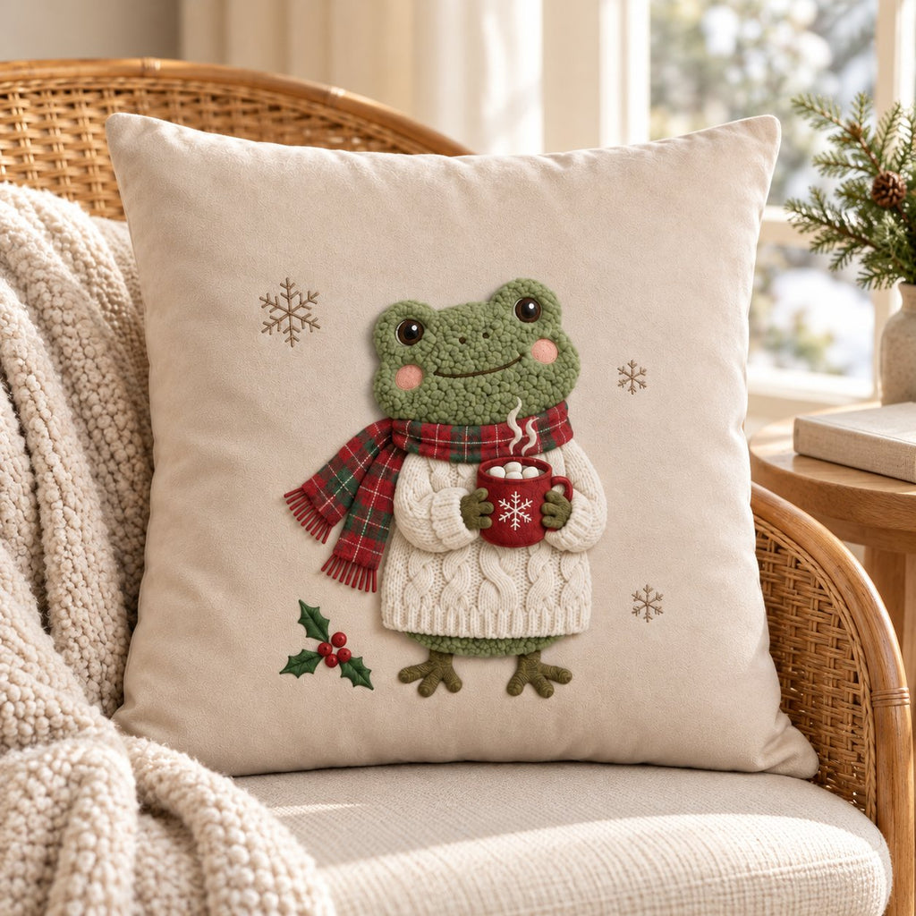 Cocoa Frog in a Plaid Scarf — Embroidered Christmas Pillow Cover, Optional Name, 14 to 20 in