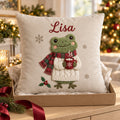 Cocoa Frog in a Plaid Scarf — Embroidered Christmas Pillow Cover, Optional Name, 14 to 20 in