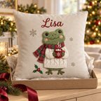 Cocoa Frog in a Plaid Scarf — Embroidered Christmas Pillow Cover, Optional Name, 14 to 20 in