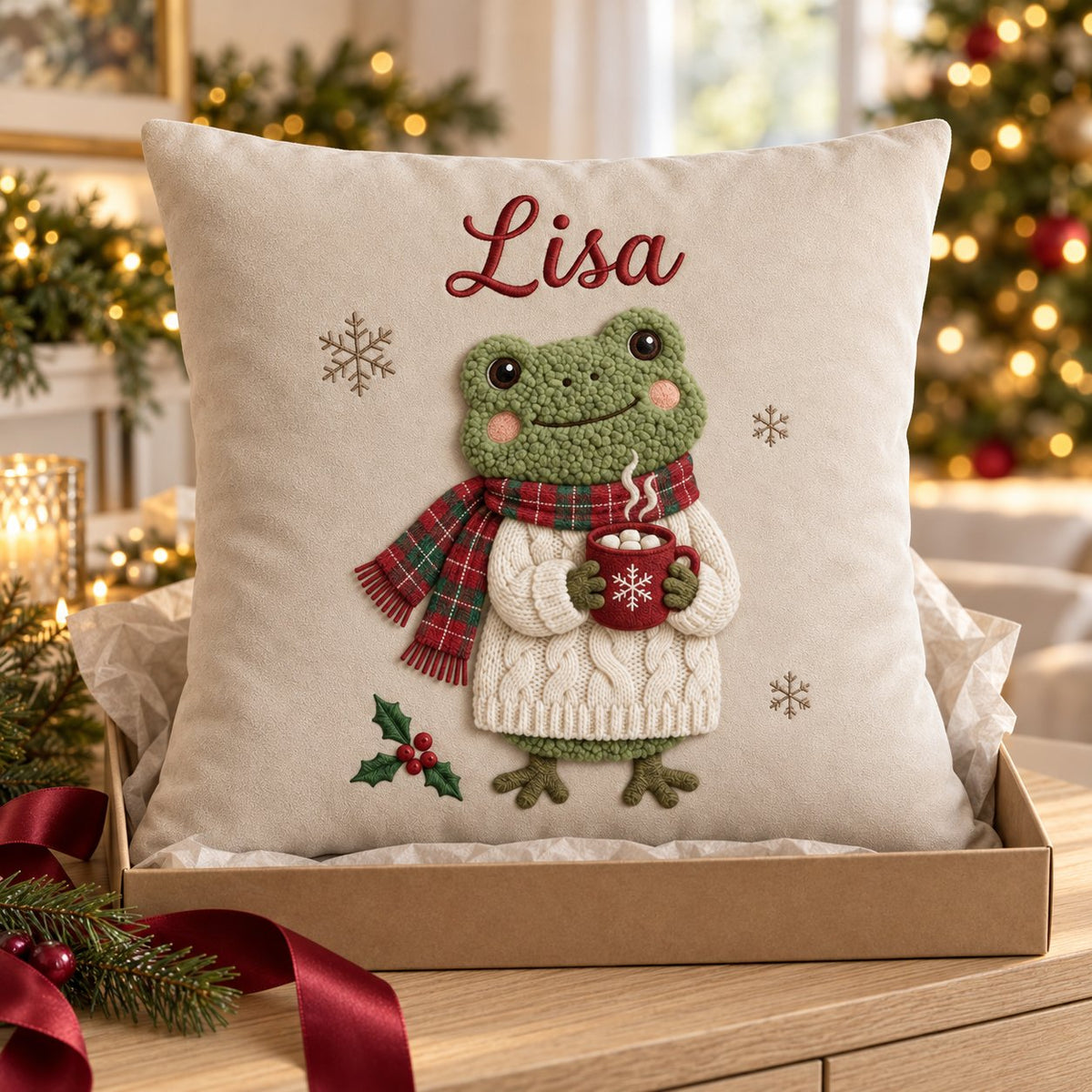 Cocoa Frog in a Plaid Scarf — Embroidered Christmas Pillow Cover, Optional Name, 14 to 20 in
