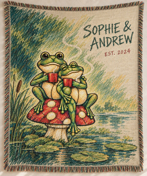 Personalized Coffee for Two Frog Couple Woven Blanket