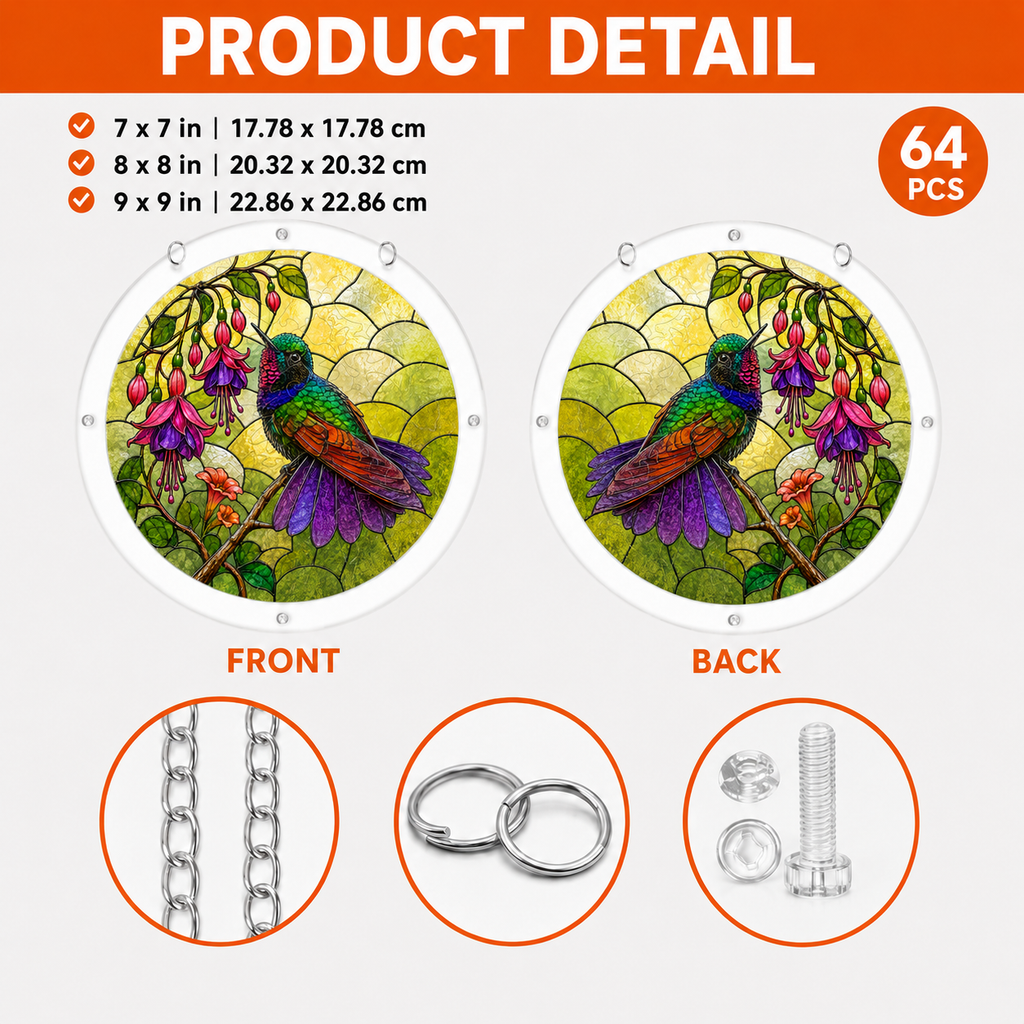 Product detail image showing front and back views, sizes, 64 pieces, metal chain, jump rings, and screw set for hummingbird puzzle suncatcher