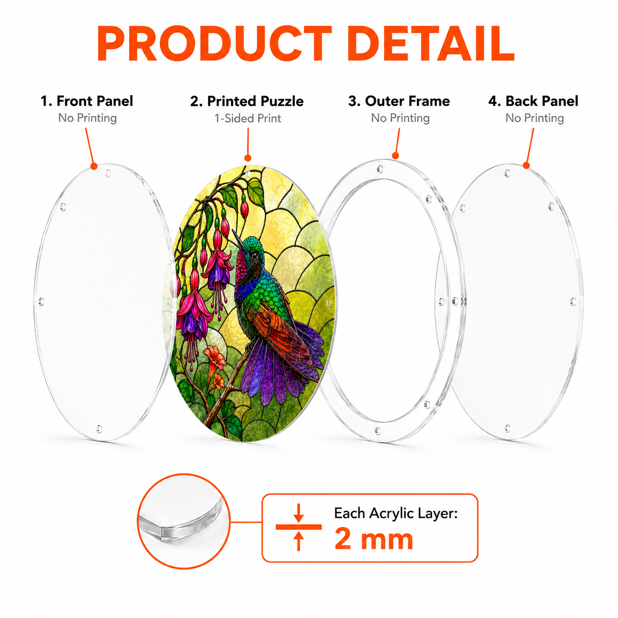 Product detail image showing the acrylic layers of a round hummingbird fuchsia flower jigsaw puzzle suncatcher and 2 mm layer thickness