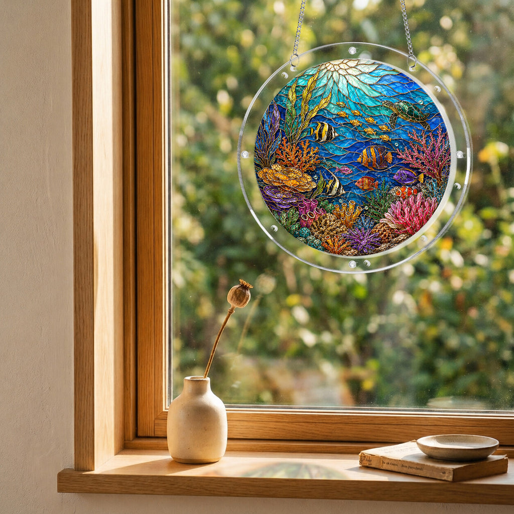 Coral reef acrylic puzzle suncatcher, colorful DIY ocean window decor