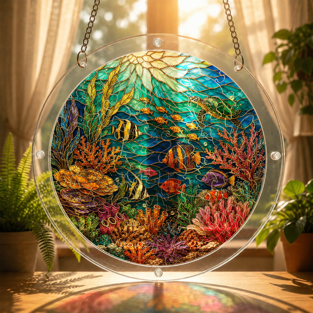 Coral reef acrylic puzzle suncatcher, colorful DIY ocean window decor