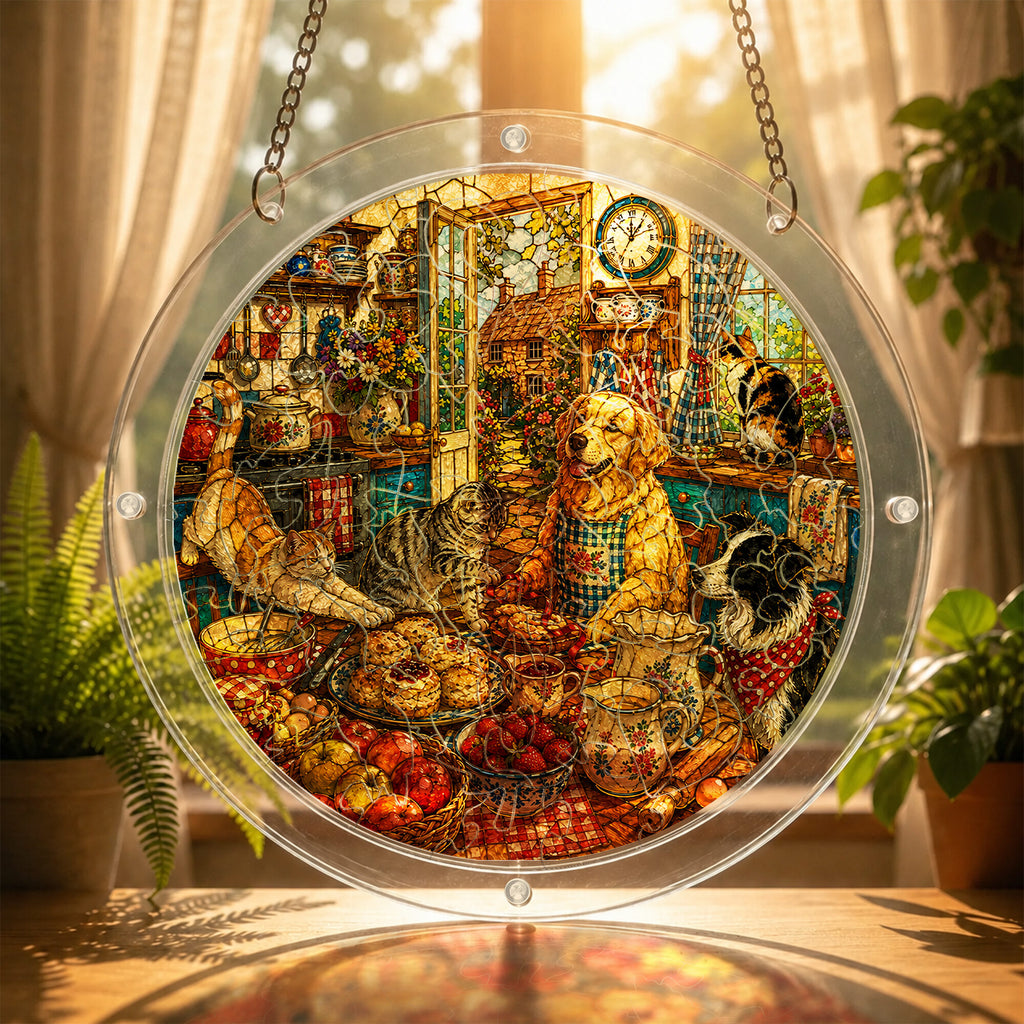Cozy dog and cat acrylic puzzle suncatcher, colorful DIY window decor