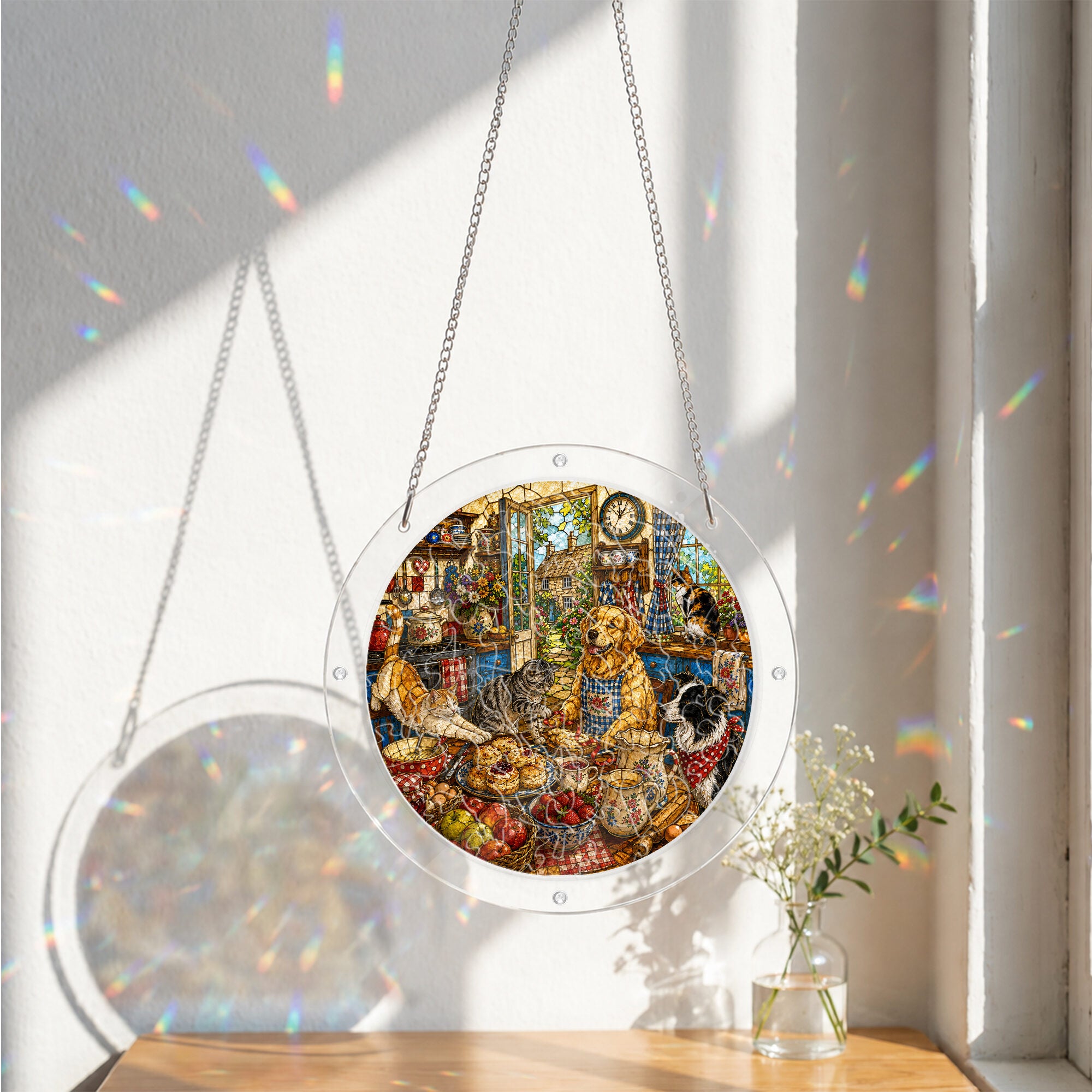 Cozy dog and cat acrylic puzzle suncatcher, colorful DIY window decor